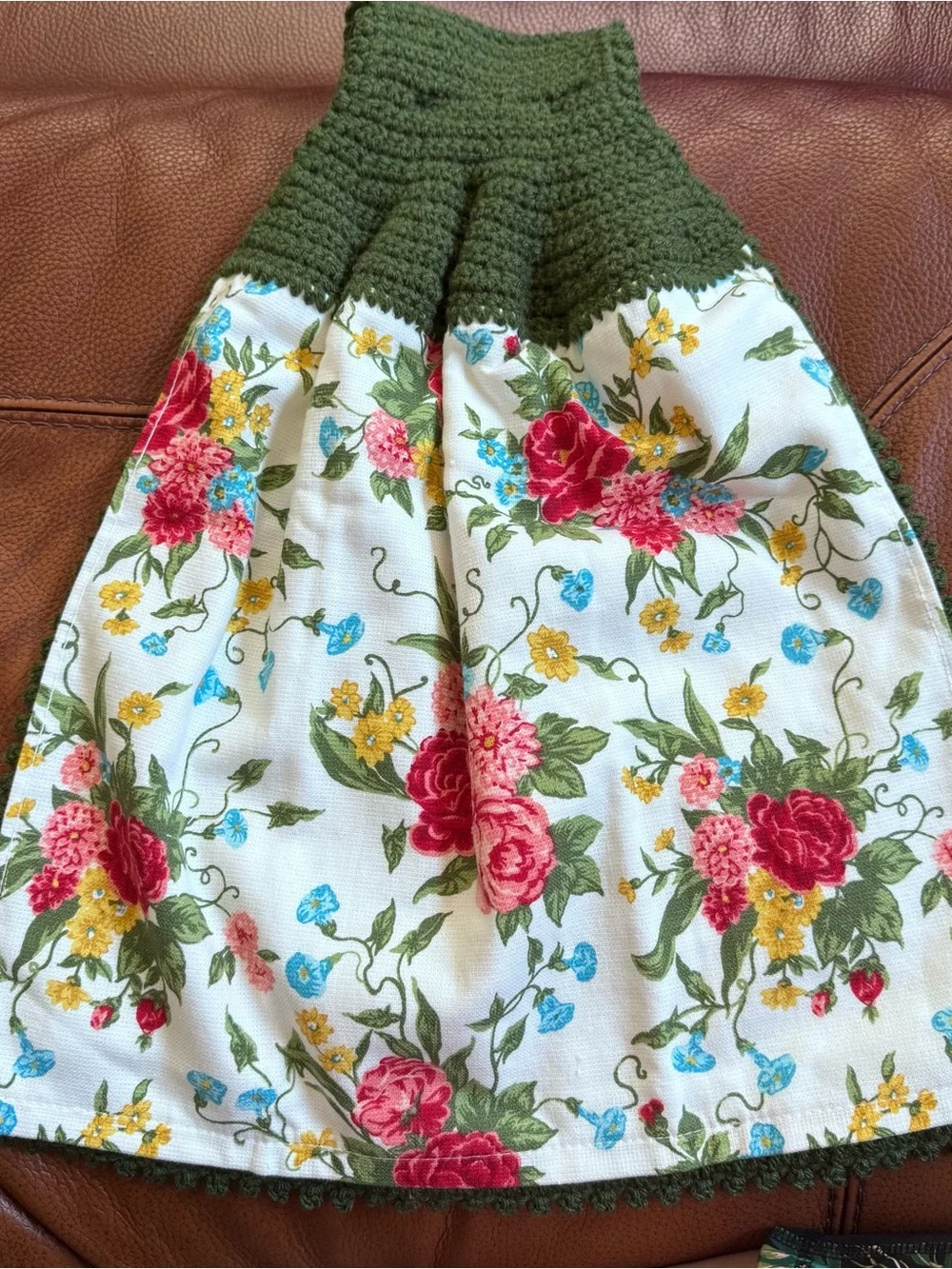 Pioneer Woman Floral Crochet Hanging Kitchen Towel Moss Green Handmade